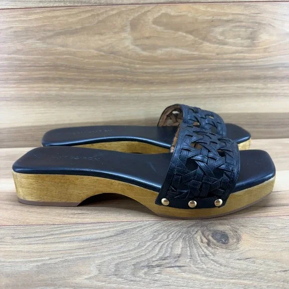 Tory Burch Basketweave Wooden Slides Womens 10.5 M Black Leather Slip On Clog - Picture 5 of 11
